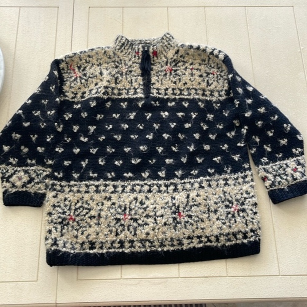 Vintage Hand Knit Wool Blend Sweater by Jones of New York black, beige & red